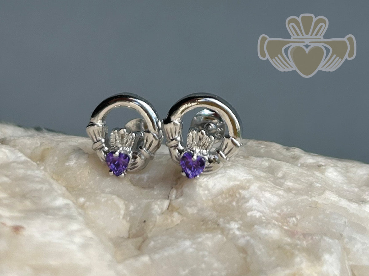 Silver Birth Stone Claddagh Earring - February