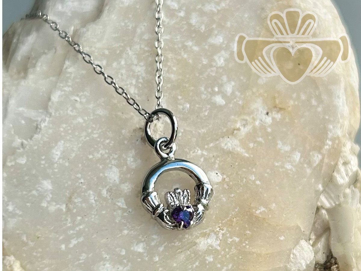 Silver Birth Stone Claddagh Pendant - February